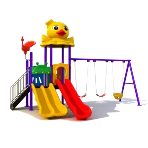 Outdoor playset with duck roof, red and yellow slides, and swings – Ebaza Gardens