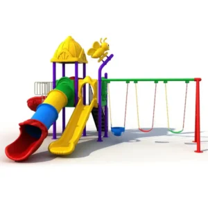 commercial kids outdoor playset with single slide, tube slide, spiral slide, two raised platforms, and three swings