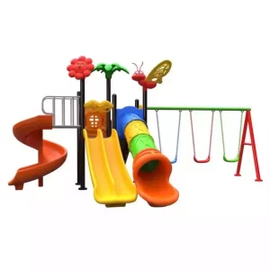 Kids nursery outdoor playset with double slide, tube slide, spiral slide, two square platforms, and three swings