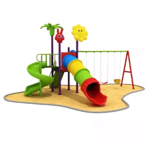 Outdoor playground with tube and spiral slide