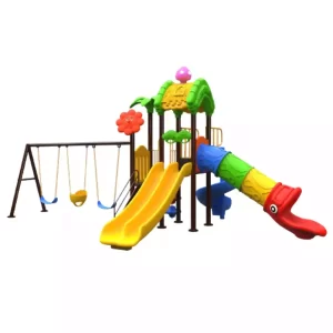 Garden theme kids playset with double slide, tube slide, spiral slide, two square platforms, and three swings with optional baby seat