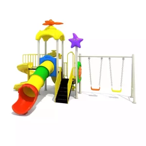 Garden kids playset with single slide, tube slide, spiral slide, two square platforms, and two swings