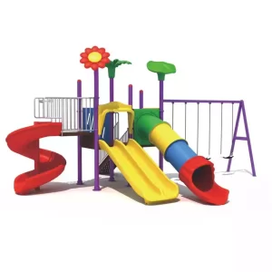 Heavy duty public park kids playset with double slide, tube slide, spiral slide, two square platforms, and three swings