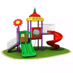 Garden theme kids playset with double slide, spiral slide, and two square platforms