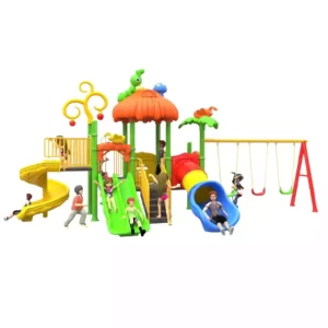 Garden adventure playset with double slide, tube slide, spiral slide, three square platforms, and three swings with optional baby seat