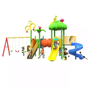 Garden theme kids playset with single slide, spiral slide, tunnel, two square platforms, and three swings