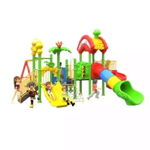 Heavy duty park playset with double slide, tube slide, spiral slide, climber, four square platforms, and three swings