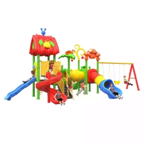 Large garden playset with single slide, tube slide, spiral slide, tunnel, three square platforms, and three swings with optional baby seat