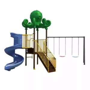 Garden kids playset with spiral slide, one square platform, and three swings with optional baby seat