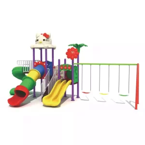 Professional public space kids playset with double slide, tube slide, spiral slide, three square platforms, and three swings