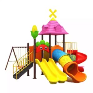 Open plaza kids playset with double slide, tube slide, spiral slide, three swings, and colorful roof theme