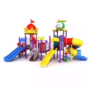 Heavy duty public park kids playset with single slide, double slide, spiral slide, tube spiral slide, and four square platforms