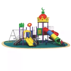 Large public park kids playset with double slide, tube slide, spiral slide, four square platforms, and three swings