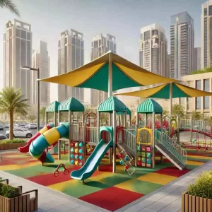 Modern playgrounds in Saudi Arabia include colorful modular equipment and shaded areas for added comfort.