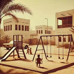 Early playgrounds in Saudi Arabia were modest, often placed on sandy surfaces with simple metal equipment.
