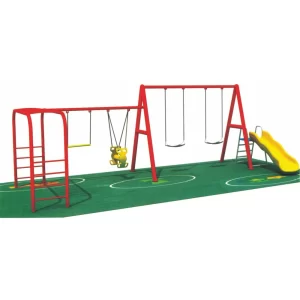 Playground set with red frame, hanging monkey bar, toddler seat, classic swings, and plastic slide