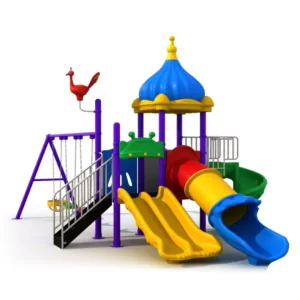 Open plaza kids playset castle theme with double slide, tube slide, spiral slide, two square platforms, and three swings