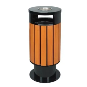 Outdoor wooden trash bin with ashtray for parks and public spaces in Saudi Arabia