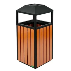 Outdoor wooden trash bin with inner liner for parks and public spaces