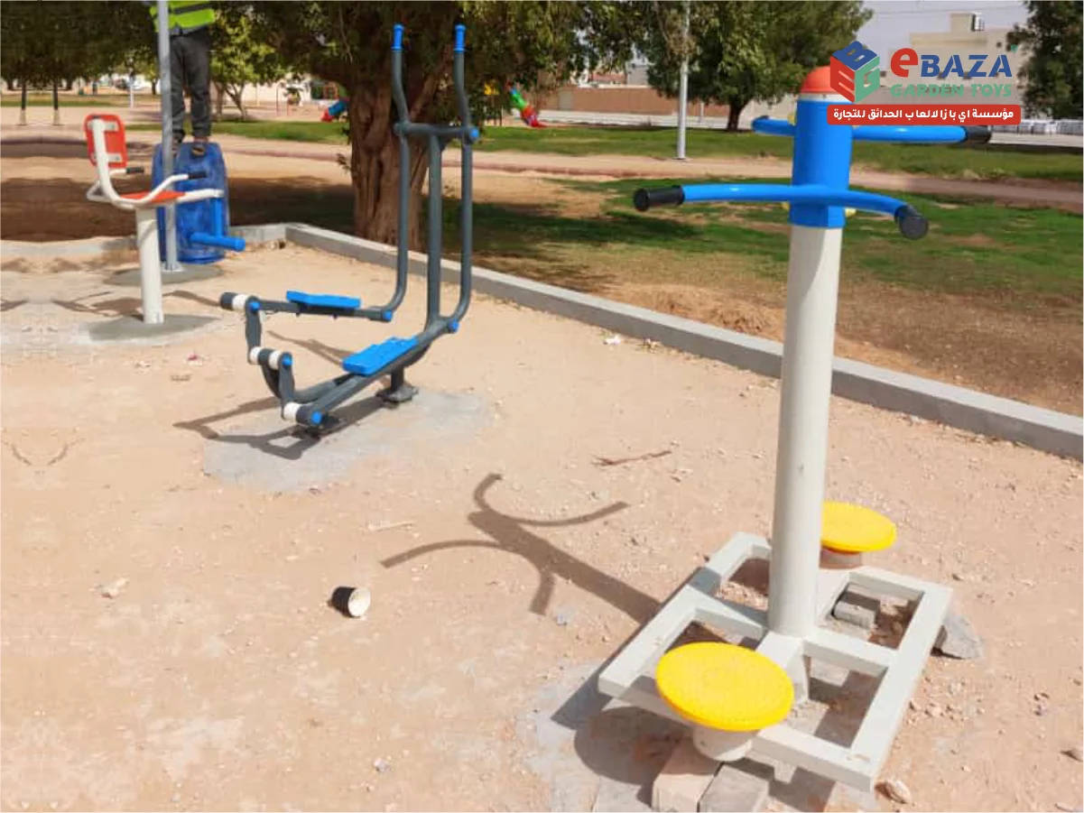 Outdoor gym equipment installation in Abha, Saudi Arabia, delivering durable public fitness machines for parks and community spaces.