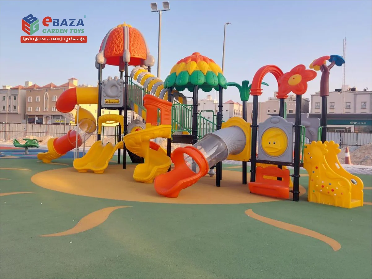 Public playground installation at SCECO Dammam by Ebaza Gardens, featuring multi-play units, EPDM flooring, slides, and safe outdoor play zones.
