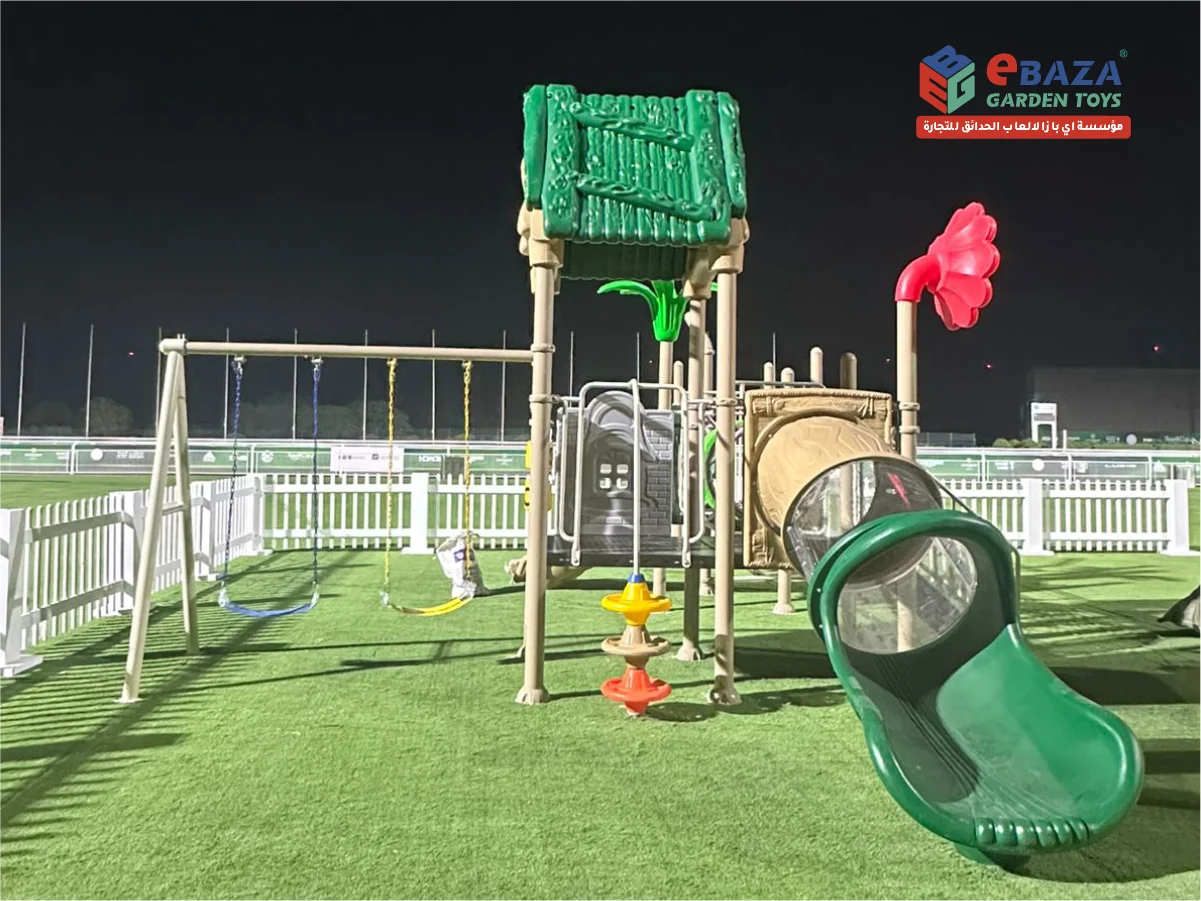 Playground installation at Horse Racecourse Riyadh by Ebaza Gardens, featuring slides, swings, trampolines, games, and safe family play zones.