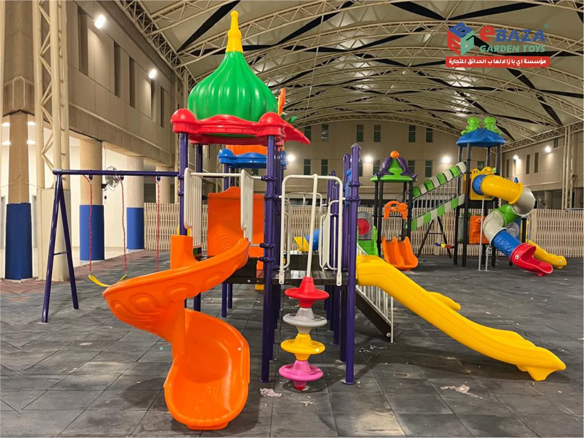 School playground installation in Riyadh by Ebaza Gardens, featuring slides, tunnels, safe flooring, and engaging outdoor play equipment for students.