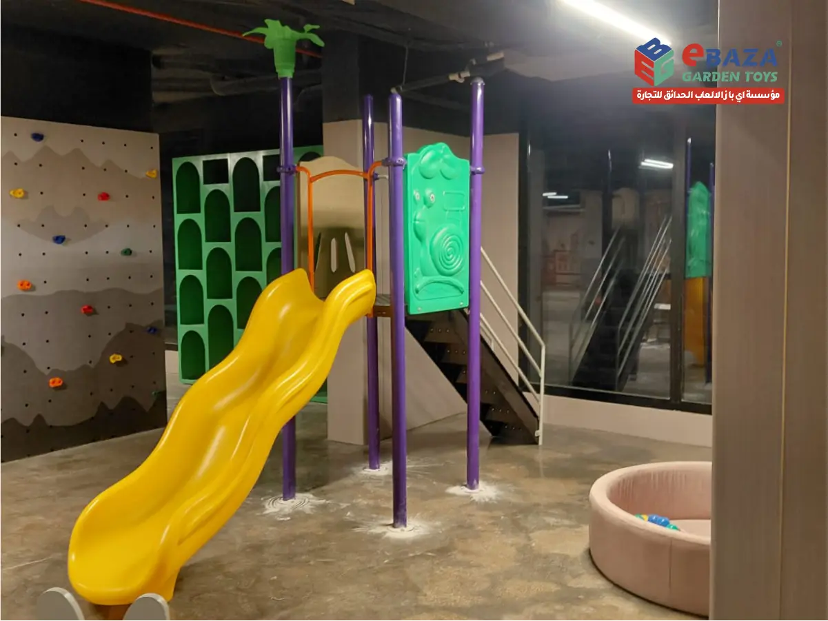Residential playground project in Riyadh featuring indoor slide, outdoor swings, and custom villa play solutions by Ebaza Gardens.