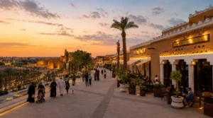 Al Bujairi Terrace in Diriyah with Saudi families, outdoor restaurants, Najdi-style architecture, landscaped walkways, and sunset views toward At-Turaif.