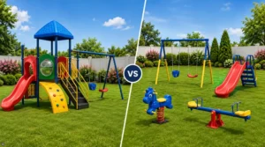 Complete play set vs individual playground equipment with slides, swings, seesaw, and spring rider in a home garden.