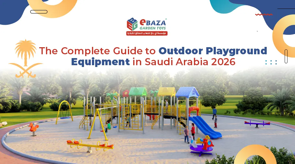 Outdoor playground equipment in Saudi Arabia with slides, swings, and climbing structures in a park setting