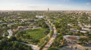 Future King Salman Park Riyadh conceptual visualization with landscaped green spaces, walking paths, cycling routes, recreational areas, water features, and modern public facilities.