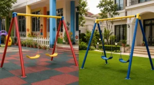 Heavy-duty steel playground swings placed in outdoor children’s play areas for schools and nurseries.