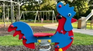 Colorful rooster spring rider playground equipment for kids in an outdoor park play area.