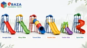 Six types of outdoor kids slides with plastic slide parts and steel or iron frames, including straight slide, wavy slide, tunnel slide, double slide, toddler slide, and spiral slide by Ebaza Garden Toys.