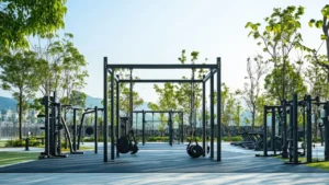 Outdoor fitness area with gym equipment, strength stations, and safety flooring in an open park setting