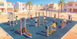 Outdoor gym machines for residential compounds in Saudi Arabia with strength equipment and safe flooring