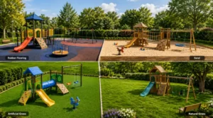 Outdoor play area for your home garden in Saudi Arabia showing rubber flooring, sand, artificial grass, and natural grass with playground sets.