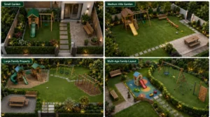 Outdoor play area layouts for different garden sizes showing small garden, medium villa garden, large family property, and multi-age family layout.