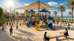 Outdoor playground in Saudi Arabia with shaded play structures, slides, swings, and many children, showing strong heat, coastal surroundings, and heavy daily use.