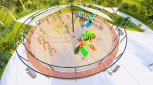outdoor playground layout with colorful slides, swings, climbing equipment, benches, and landscaped surroundings.