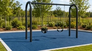 Outdoor swing set placed on blue safety rubber flooring in a landscaped outdoor playground area.