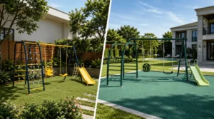 Outdoor swings installed in a small garden and a villa yard, showing compact play equipment for residential outdoor spaces.