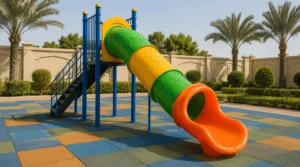 Tunnel outdoor kids slide in Saudi Arabia with enclosed slide body, strong frame, and rubber safety flooring.