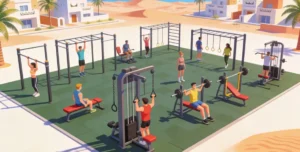 Outdoor fitness equipment layout with strength machines, cardio stations, pull up bars and rubber flooring for Saudi compounds
