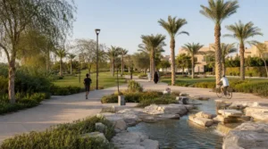 Diplomatic Quarter in Riyadh with green parks, trees, walking trails, cycling paths, gardens, and people enjoying a peaceful outdoor setting.
