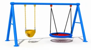 Blue kids swing set with yellow toddler bucket seat and large circular basket swing.