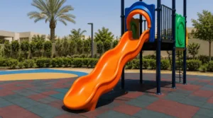 Wavy outdoor kids slide in Saudi Arabia with rubber safety flooring and colorful playground structure.