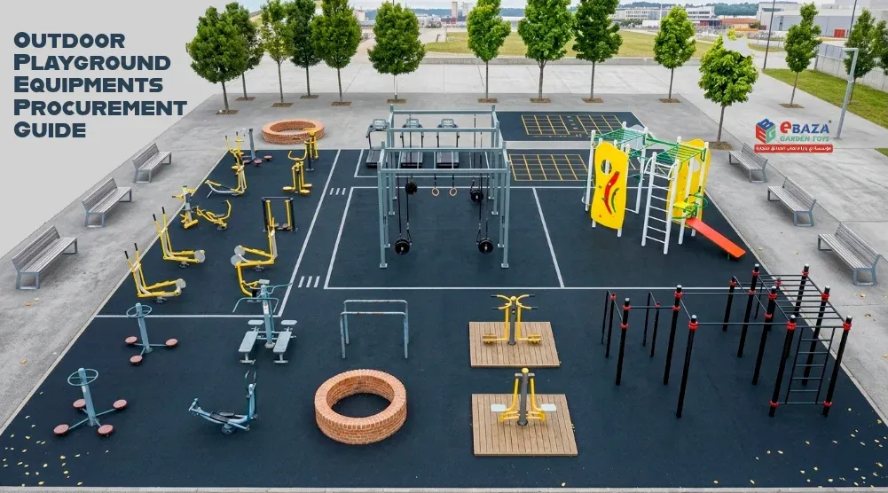 Featured image of an outdoor playground and fitness area with play equipment, gym stations, and safety flooring