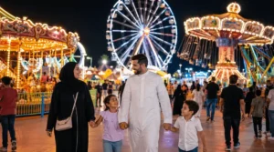 Al Shallal Theme Park in Jeddah with Saudi family walking at night, Ferris wheel, colorful amusement rides, and a busy paid entertainment setting.